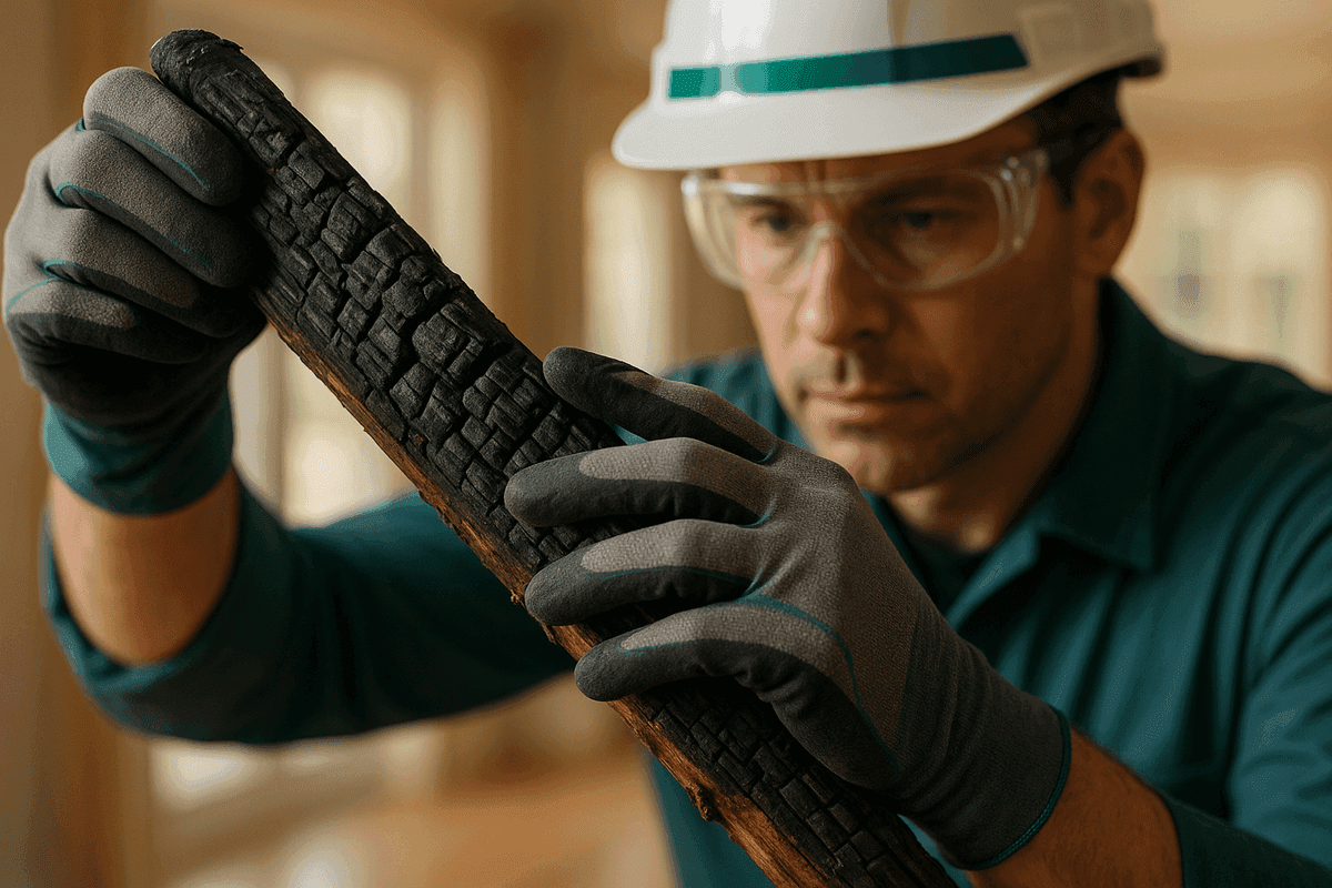 Close-up of gloved hands inspecting charred wooden beam during fire damage restoration